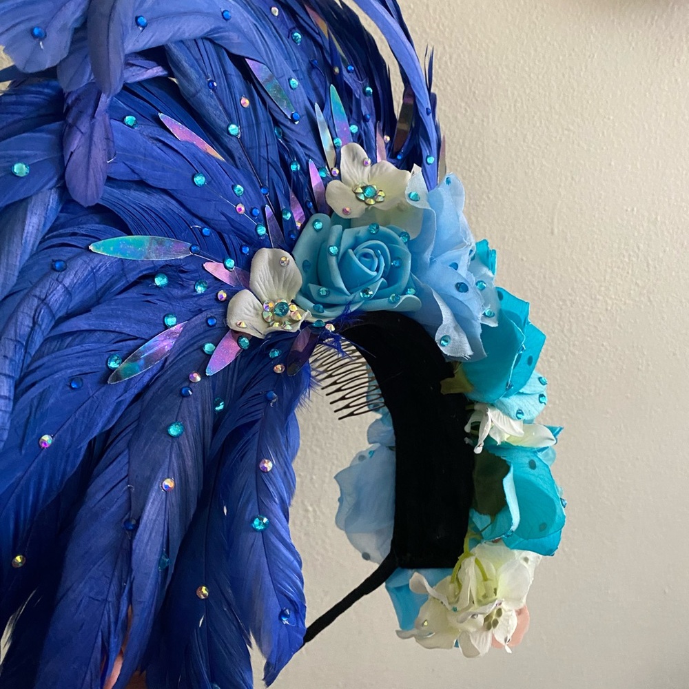 Blue Feather and Floral Headpiece Fascinator - Picture 4 of 9